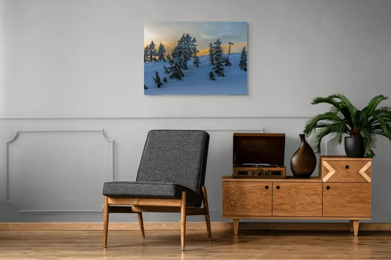 Tablou Canvas, "Pădurea înzăpezită la apusul soarelui", Zapadă, Copaci, Apus, Cer, Peisaj, Liniște, Iarnă, 100 x 70 cm – poza 8