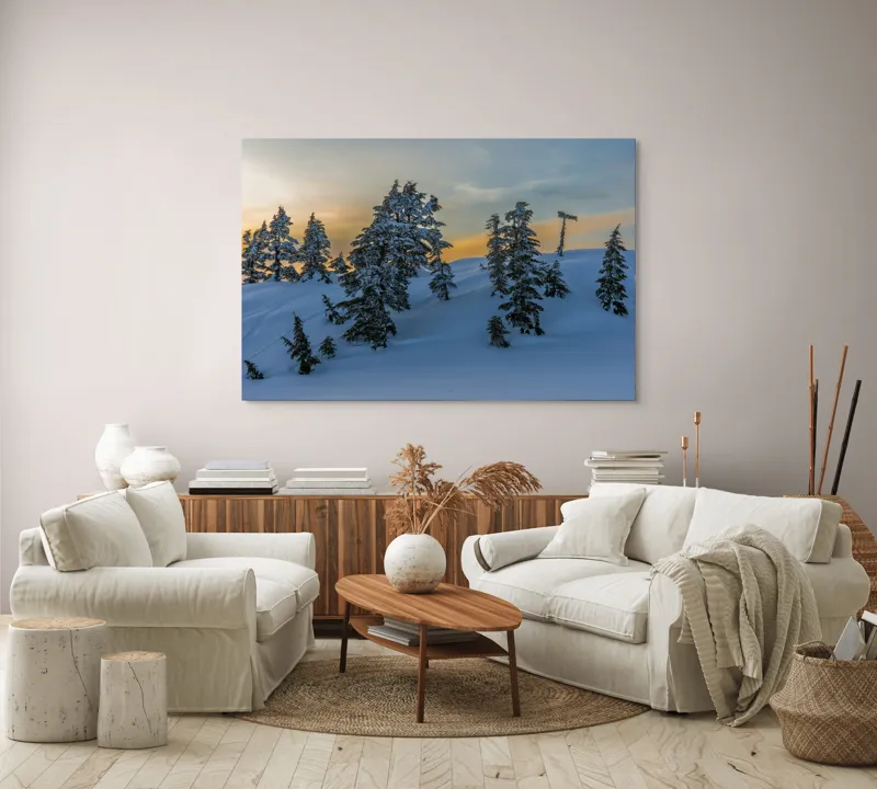 Tablou Canvas, "Pădurea înzăpezită la apusul soarelui", Zapadă, Copaci, Apus, Cer, Peisaj, Liniște, Iarnă, 150 x 100 cm – poza 3