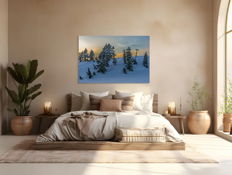 Tablou Canvas, "Pădurea înzăpezită la apusul soarelui", Zapadă, Copaci, Apus, Cer, Peisaj, Liniște, Iarnă, 150 x 100 cm – poza 4