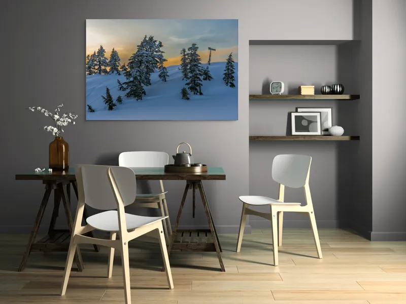 Tablou Canvas, "Pădurea înzăpezită la apusul soarelui", Zapadă, Copaci, Apus, Cer, Peisaj, Liniște, Iarnă, 150 x 100 cm – poza 5