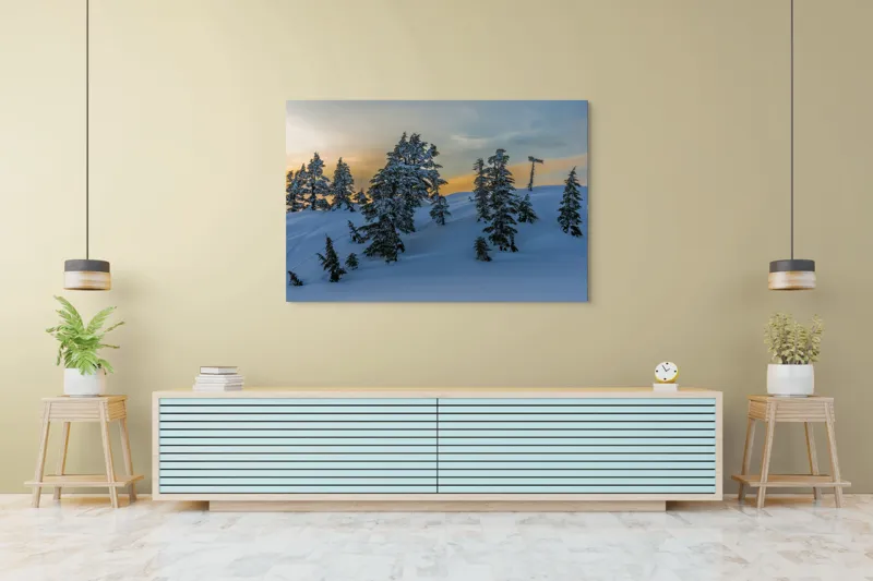 Tablou Canvas, "Pădurea înzăpezită la apusul soarelui", Zapadă, Copaci, Apus, Cer, Peisaj, Liniște, Iarnă, 150 x 100 cm – poza 6