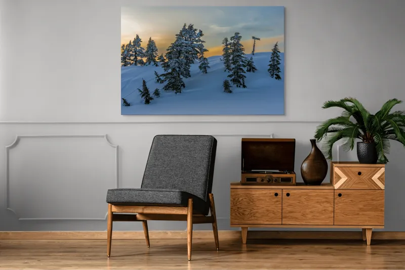 Tablou Canvas, "Pădurea înzăpezită la apusul soarelui", Zapadă, Copaci, Apus, Cer, Peisaj, Liniște, Iarnă, 150 x 100 cm – poza 8