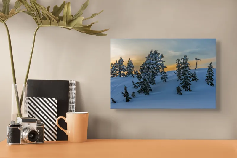 Tablou Canvas, "Pădurea înzăpezită la apusul soarelui", Zapadă, Copaci, Apus, Cer, Peisaj, Liniște, Iarnă, 39 x 26 cm – poza 3