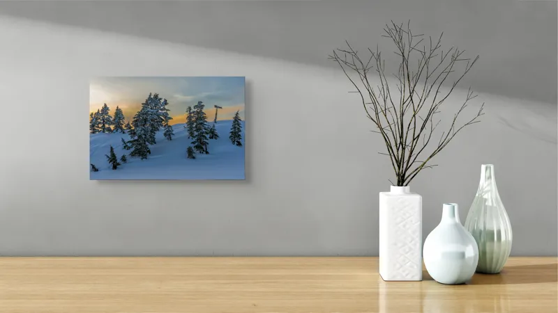 Tablou Canvas, "Pădurea înzăpezită la apusul soarelui", Zapadă, Copaci, Apus, Cer, Peisaj, Liniște, Iarnă, 39 x 26 cm – poza 8