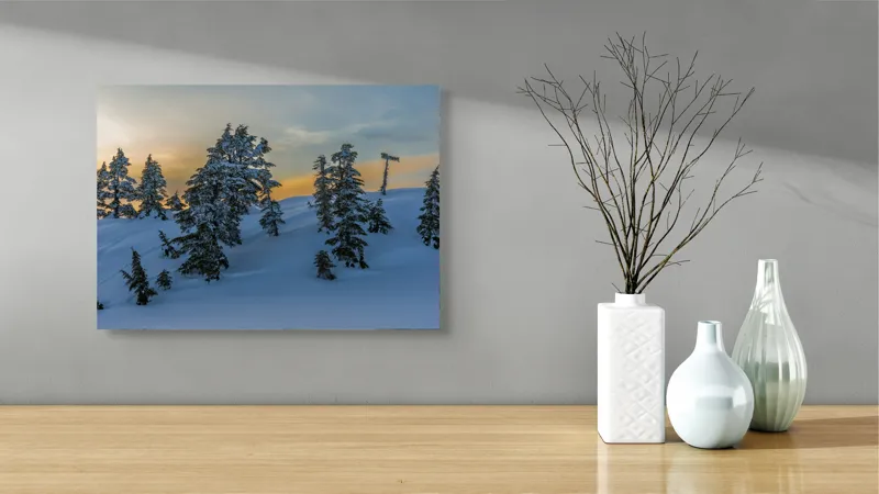 Tablou Canvas, "Pădurea înzăpezită la apusul soarelui", Zapadă, Copaci, Apus, Cer, Peisaj, Liniște, Iarnă, 54 x 39 cm – poza 3