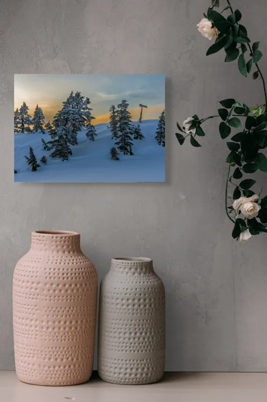 Tablou Canvas, "Pădurea înzăpezită la apusul soarelui", Zapadă, Copaci, Apus, Cer, Peisaj, Liniște, Iarnă, 54 x 39 cm – poza 8