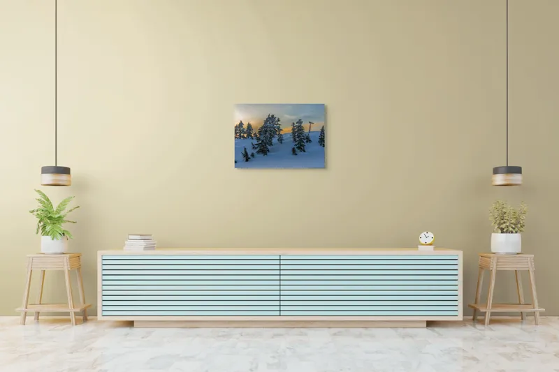 Tablou Canvas, "Pădurea înzăpezită la apusul soarelui", Zapadă, Copaci, Apus, Cer, Peisaj, Liniște, Iarnă, 70 x 50 cm – poza 7