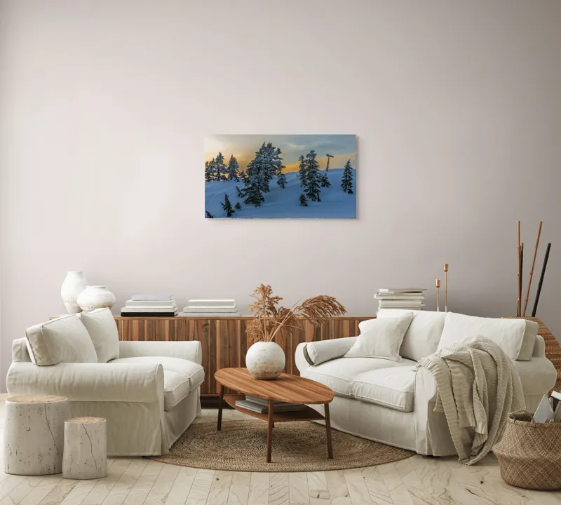 Tablou Canvas, "Pădurea înzăpezită la apusul soarelui", Zapadă, Copaci, Apus, Cer, Peisaj, Liniște, Iarnă, 90 x 50 cm – poza 4