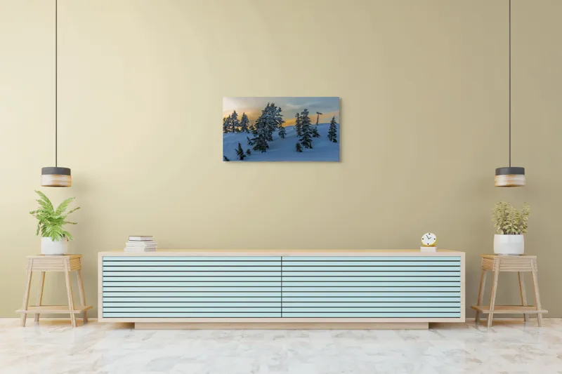 Tablou Canvas, "Pădurea înzăpezită la apusul soarelui", Zapadă, Copaci, Apus, Cer, Peisaj, Liniște, Iarnă, 90 x 50 cm – poza 5