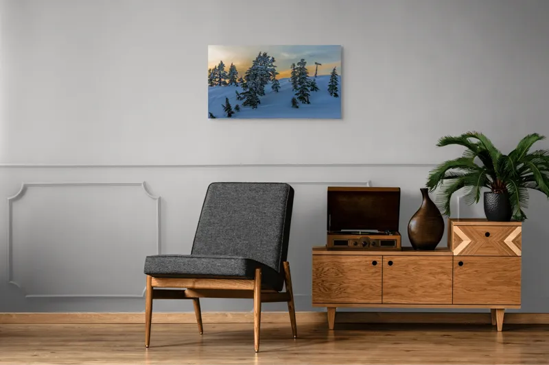 Tablou Canvas, "Pădurea înzăpezită la apusul soarelui", Zapadă, Copaci, Apus, Cer, Peisaj, Liniște, Iarnă, 90 x 50 cm – poza 6