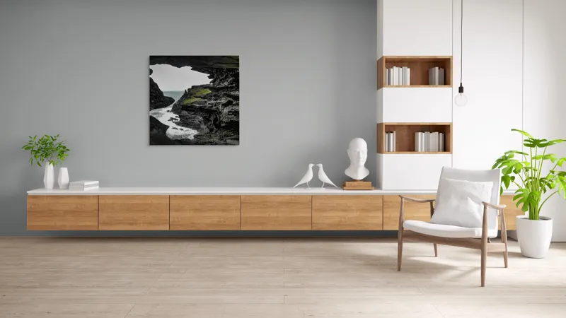Tablou Canvas, "Peisaj stâncos cu deschidere spre mare", Piatră, Mare, Valuri, Vegetație, Cer, Stânci, Grotă, Peisaj, Contrast, Natură, 100 x 100 cm – poza 8
