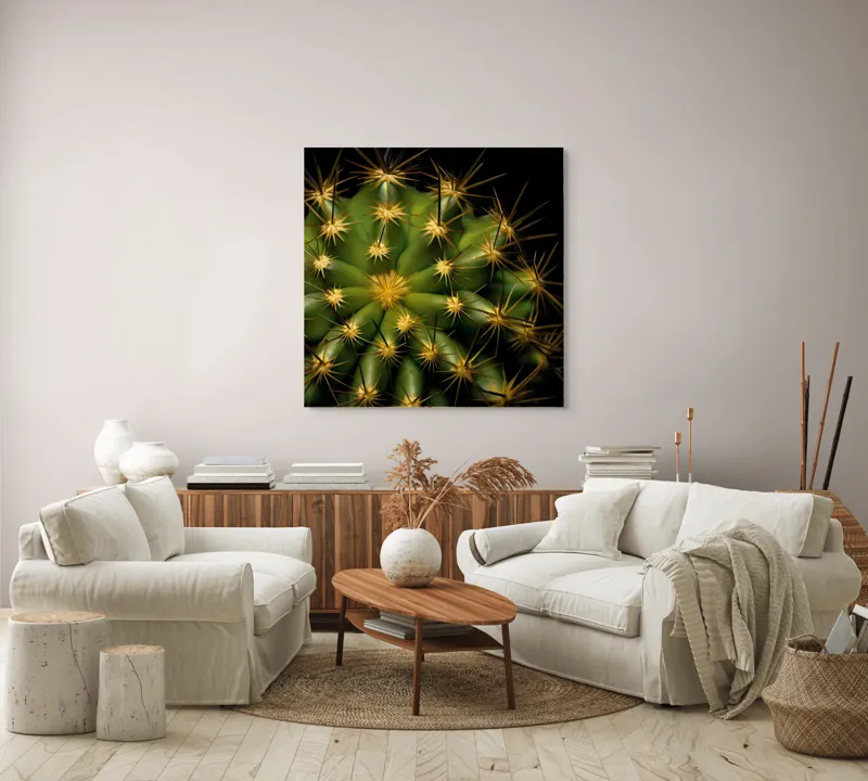 Tablou Canvas, "Cactușul înflorit sub stele aurii", Cactus, Verde, Spini, Lumini, Contrast, Întunecat, Forme, Simetrie, Natură, Detaliu, 100 x 100 cm – poza 3