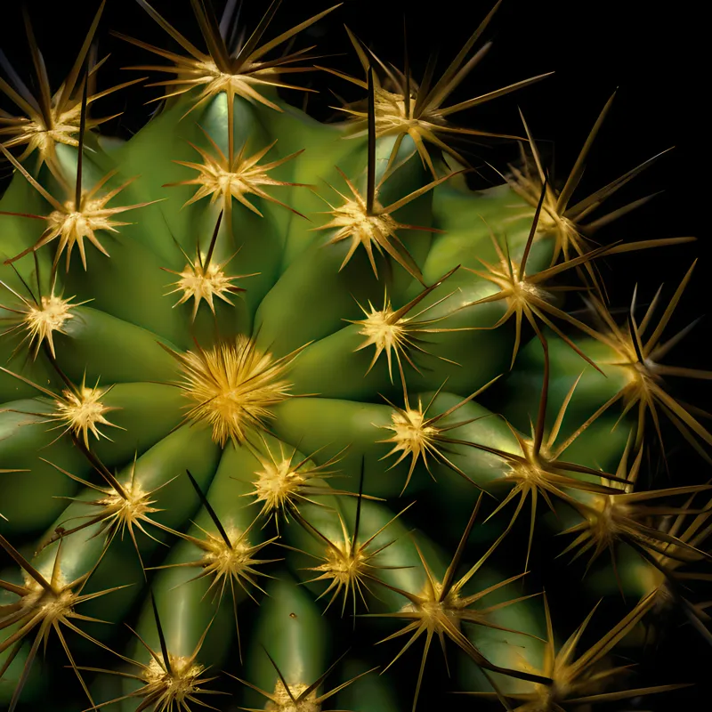 Tablou Canvas, "Cactușul înflorit sub stele aurii", Cactus, Verde, Spini, Lumini, Contrast, Întunecat, Forme, Simetrie, Natură, Detaliu, 100 x 100 cm – poza 2