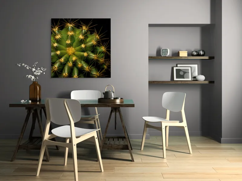 Tablou Canvas, "Cactușul înflorit sub stele aurii", Cactus, Verde, Spini, Lumini, Contrast, Întunecat, Forme, Simetrie, Natură, Detaliu, 100 x 100 cm – poza 6