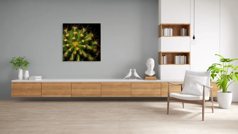 Tablou Canvas, "Cactușul înflorit sub stele aurii", Cactus, Verde, Spini, Lumini, Contrast, Întunecat, Forme, Simetrie, Natură, Detaliu, 100 x 100 cm – poza 8