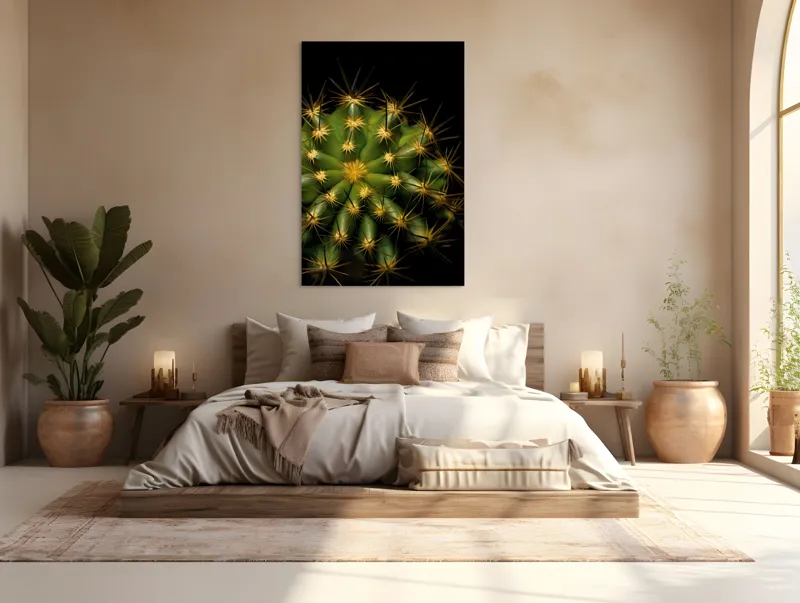 Tablou Canvas, "Cactușul înflorit sub stele aurii", Cactus, Verde, Spini, Lumini, Contrast, Întunecat, Forme, Simetrie, Natură, Detaliu, 100 x 150 cm – poza 3