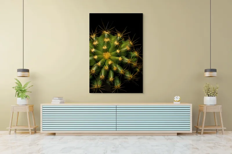 Tablou Canvas, "Cactușul înflorit sub stele aurii", Cactus, Verde, Spini, Lumini, Contrast, Întunecat, Forme, Simetrie, Natură, Detaliu, 100 x 150 cm – poza 4