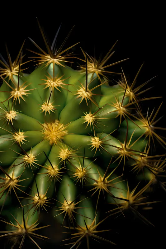 Tablou Canvas, "Cactușul înflorit sub stele aurii", Cactus, Verde, Spini, Lumini, Contrast, Întunecat, Forme, Simetrie, Natură, Detaliu, 100 x 150 cm – poza 2
