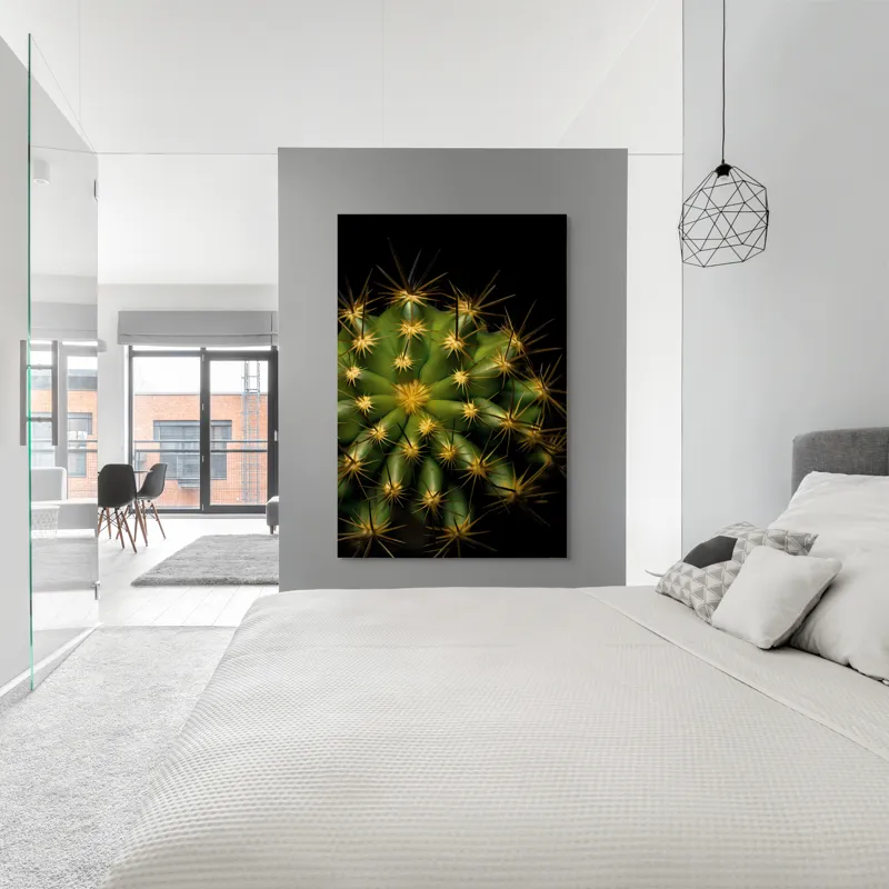 Tablou Canvas, "Cactușul înflorit sub stele aurii", Cactus, Verde, Spini, Lumini, Contrast, Întunecat, Forme, Simetrie, Natură, Detaliu, 100 x 150 cm – poza 5