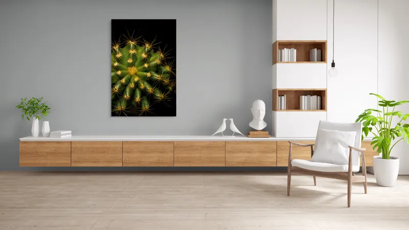 Tablou Canvas, "Cactușul înflorit sub stele aurii", Cactus, Verde, Spini, Lumini, Contrast, Întunecat, Forme, Simetrie, Natură, Detaliu, 100 x 150 cm – poza 8