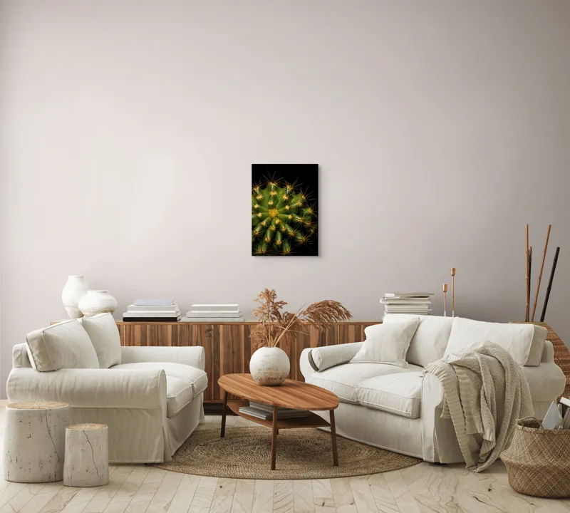 Tablou Canvas, "Cactușul înflorit sub stele aurii", Cactus, Verde, Spini, Lumini, Contrast, Întunecat, Forme, Simetrie, Natură, Detaliu, 39 x 54 cm – poza 5