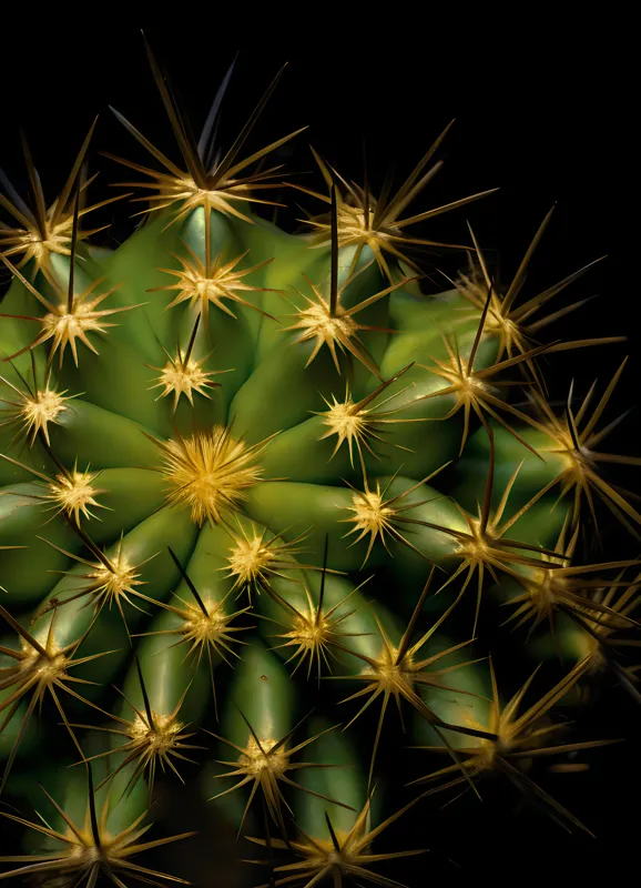 Tablou Canvas, "Cactușul înflorit sub stele aurii", Cactus, Verde, Spini, Lumini, Contrast, Întunecat, Forme, Simetrie, Natură, Detaliu, 39 x 54 cm – poza 2