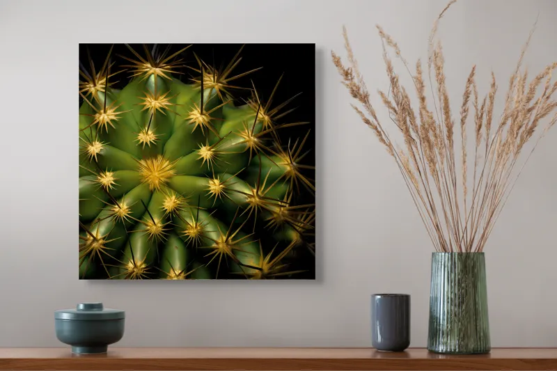 Tablou Canvas, "Cactușul înflorit sub stele aurii", Cactus, Verde, Spini, Lumini, Contrast, Întunecat, Forme, Simetrie, Natură, Detaliu, 50 x 50 cm – poza 4