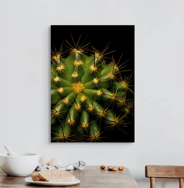 Tablou Canvas, "Cactușul înflorit sub stele aurii", Cactus, Verde, Spini, Lumini, Contrast, Întunecat, Forme, Simetrie, Natură, Detaliu, 50 x 70 cm – poza 3