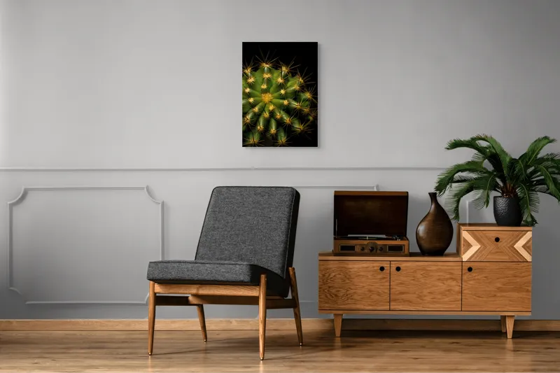 Tablou Canvas, "Cactușul înflorit sub stele aurii", Cactus, Verde, Spini, Lumini, Contrast, Întunecat, Forme, Simetrie, Natură, Detaliu, 50 x 70 cm – poza 8