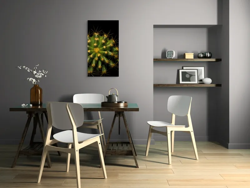Tablou Canvas, "Cactușul înflorit sub stele aurii", Cactus, Verde, Spini, Lumini, Contrast, Întunecat, Forme, Simetrie, Natură, Detaliu, 50 x 90 cm – poza 4