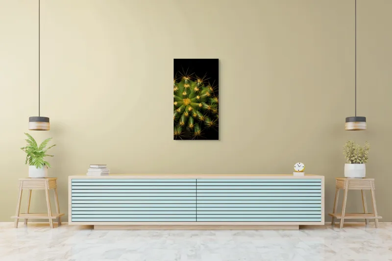 Tablou Canvas, "Cactușul înflorit sub stele aurii", Cactus, Verde, Spini, Lumini, Contrast, Întunecat, Forme, Simetrie, Natură, Detaliu, 50 x 90 cm – poza 6