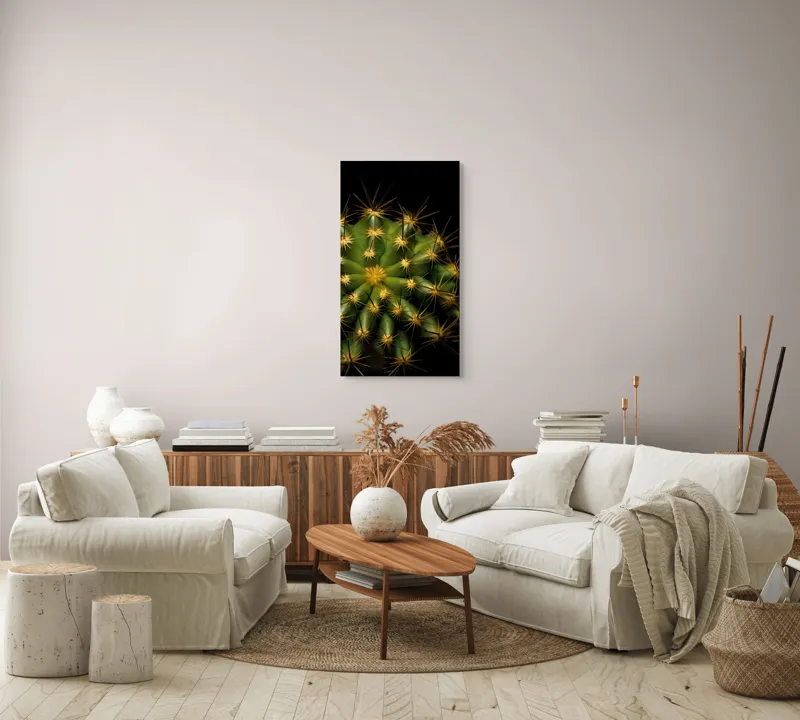Tablou Canvas, "Cactușul înflorit sub stele aurii", Cactus, Verde, Spini, Lumini, Contrast, Întunecat, Forme, Simetrie, Natură, Detaliu, 50 x 90 cm – poza 7