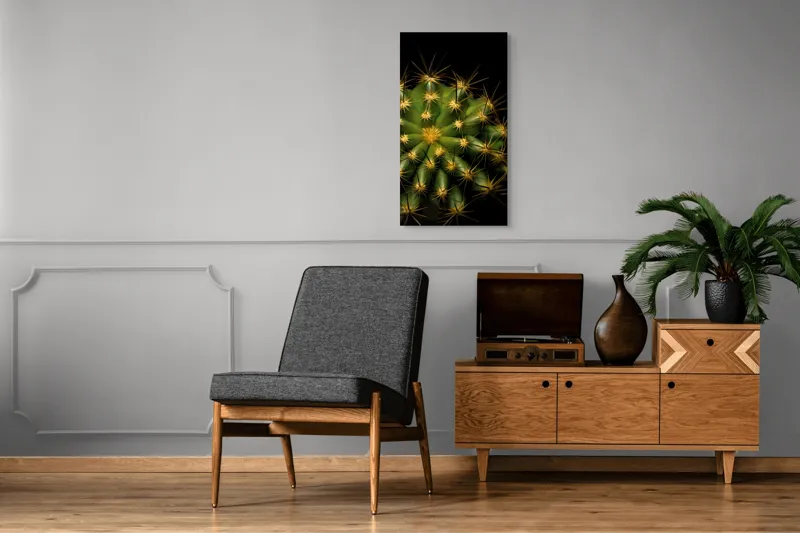 Tablou Canvas, "Cactușul înflorit sub stele aurii", Cactus, Verde, Spini, Lumini, Contrast, Întunecat, Forme, Simetrie, Natură, Detaliu, 50 x 90 cm – poza 8