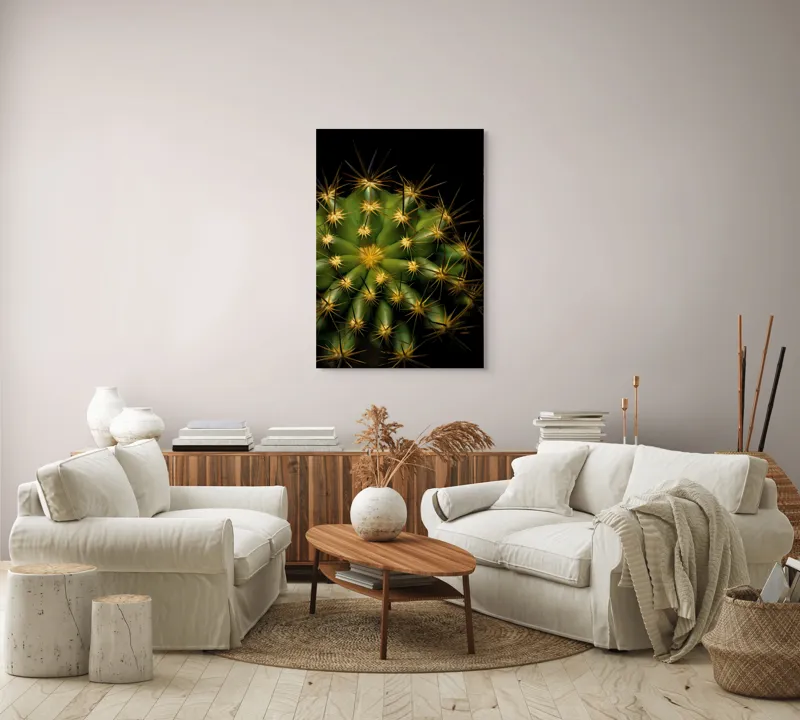 Tablou Canvas, "Cactușul înflorit sub stele aurii", Cactus, Verde, Spini, Lumini, Contrast, Întunecat, Forme, Simetrie, Natură, Detaliu, 70 x 100 cm – poza 4