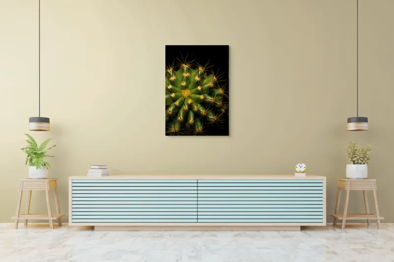 Tablou Canvas, "Cactușul înflorit sub stele aurii", Cactus, Verde, Spini, Lumini, Contrast, Întunecat, Forme, Simetrie, Natură, Detaliu, 70 x 100 cm – poza 5