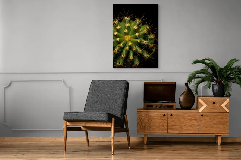Tablou Canvas, "Cactușul înflorit sub stele aurii", Cactus, Verde, Spini, Lumini, Contrast, Întunecat, Forme, Simetrie, Natură, Detaliu, 70 x 100 cm – poza 6
