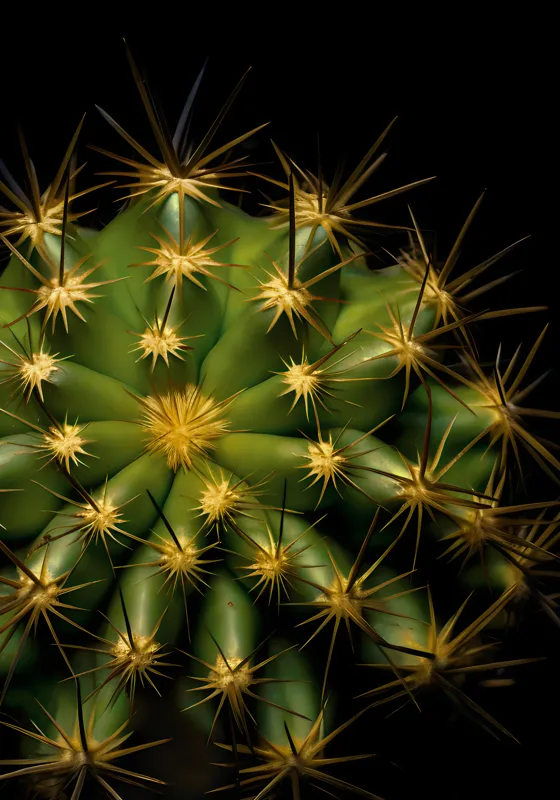 Tablou Canvas, "Cactușul înflorit sub stele aurii", Cactus, Verde, Spini, Lumini, Contrast, Întunecat, Forme, Simetrie, Natură, Detaliu, 70 x 100 cm – poza 2