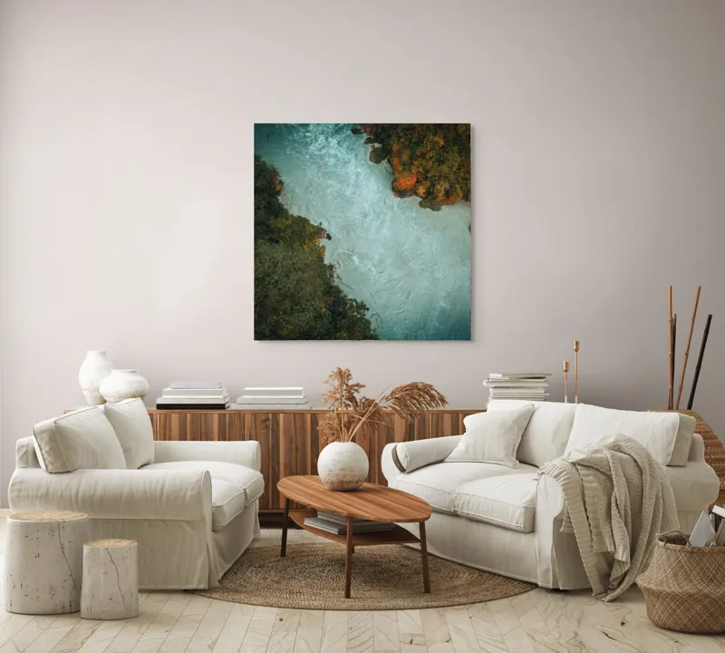 Tablou Canvas, "Râu între maluri de pădure verde", Râu, Pădure, Apă, Curent, Natură, Verdeață, Vegetație, Peisaj., 100 x 100 cm – poza 3
