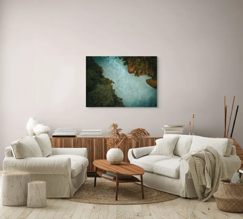 Tablou Canvas, "Râu între maluri de pădure verde", Râu, Pădure, Apă, Curent, Natură, Verdeață, Vegetație, Peisaj., 100 x 70 cm – poza 3