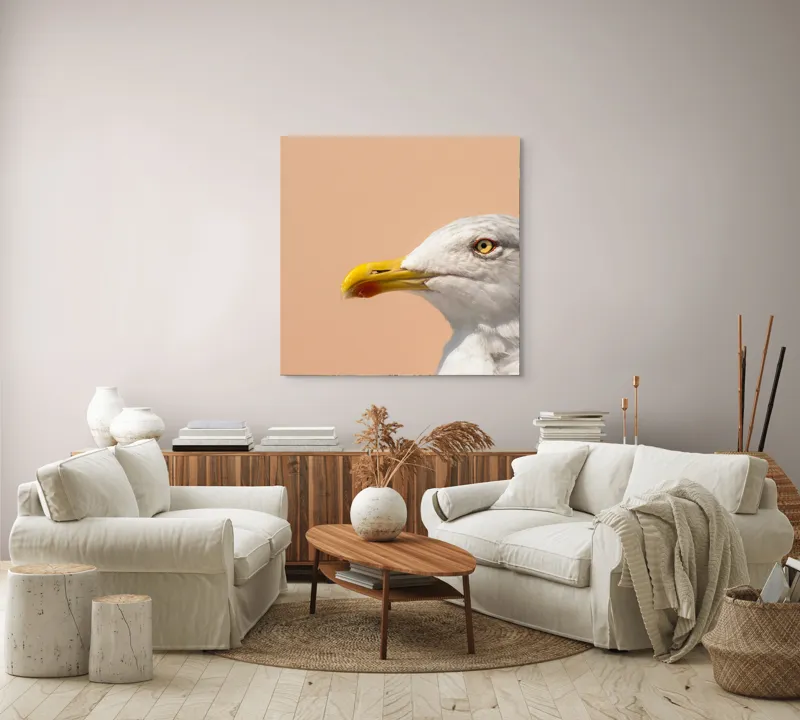 Tablou Canvas, "Pescărușul și privirea sa liniștită", Pescăruș, Cioc, Penaj, Ochi, Fundal, Cer, Liniște, Observație, 100 x 100 cm – poza 3