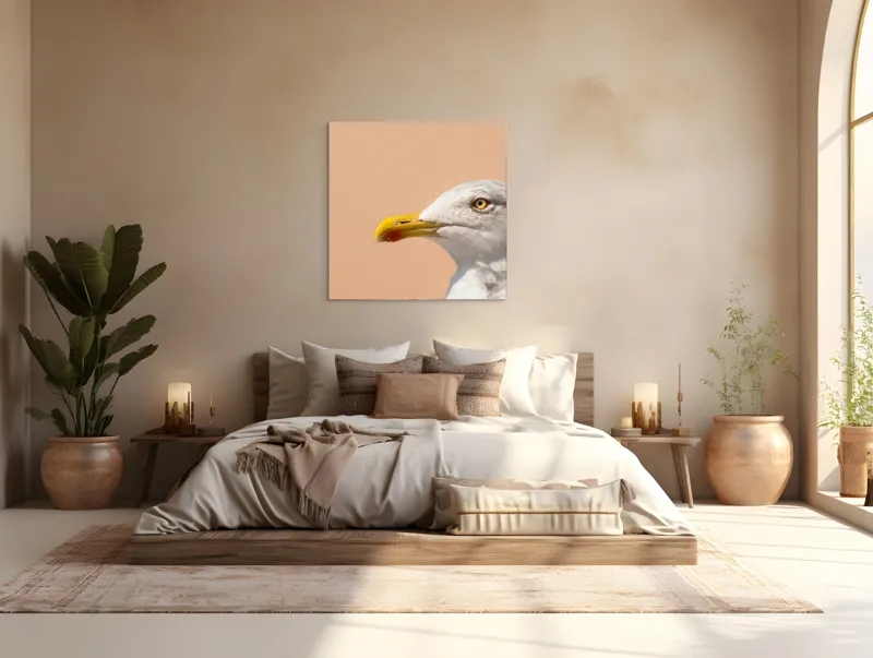 Tablou Canvas, "Pescărușul și privirea sa liniștită", Pescăruș, Cioc, Penaj, Ochi, Fundal, Cer, Liniște, Observație, 100 x 100 cm – poza 4