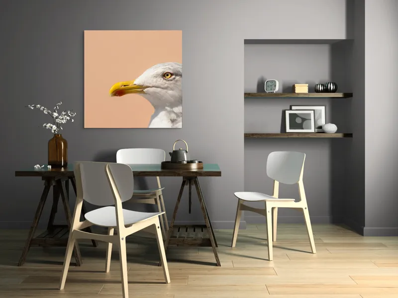 Tablou Canvas, "Pescărușul și privirea sa liniștită", Pescăruș, Cioc, Penaj, Ochi, Fundal, Cer, Liniște, Observație, 100 x 100 cm – poza 6
