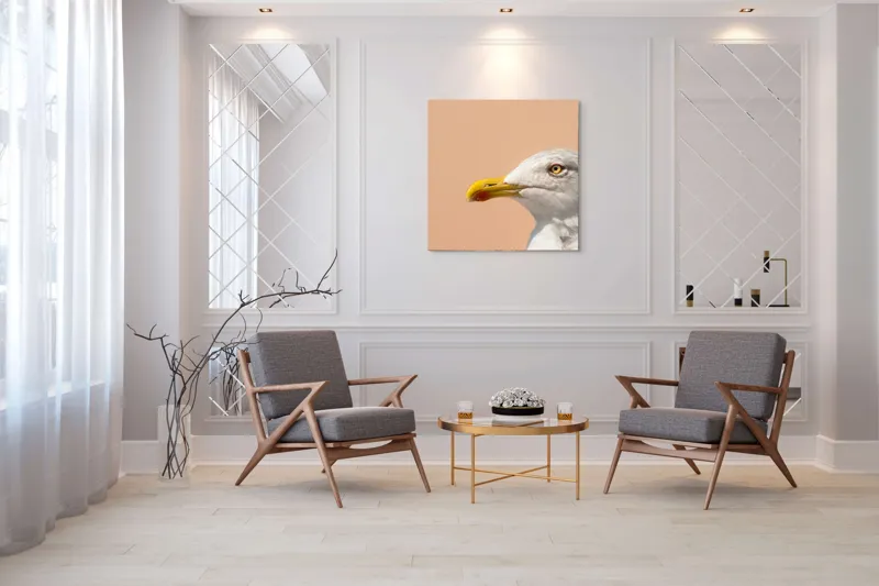 Tablou Canvas, "Pescărușul și privirea sa liniștită", Pescăruș, Cioc, Penaj, Ochi, Fundal, Cer, Liniște, Observație, 100 x 100 cm – poza 7