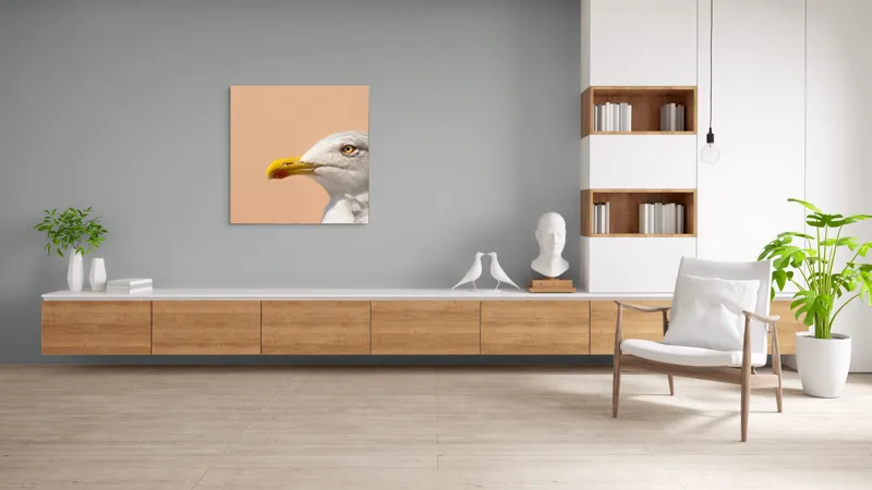 Tablou Canvas, "Pescărușul și privirea sa liniștită", Pescăruș, Cioc, Penaj, Ochi, Fundal, Cer, Liniște, Observație, 100 x 100 cm – poza 8