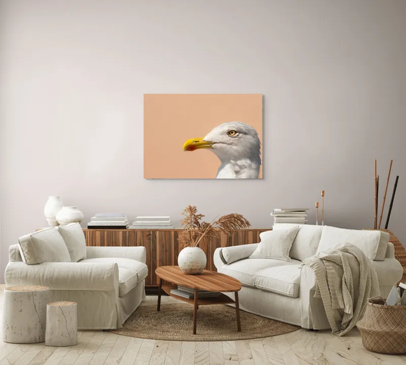 Tablou Canvas, "Pescărușul și privirea sa liniștită", Pescăruș, Cioc, Penaj, Ochi, Fundal, Cer, Liniște, Observație, 100 x 70 cm – poza 3
