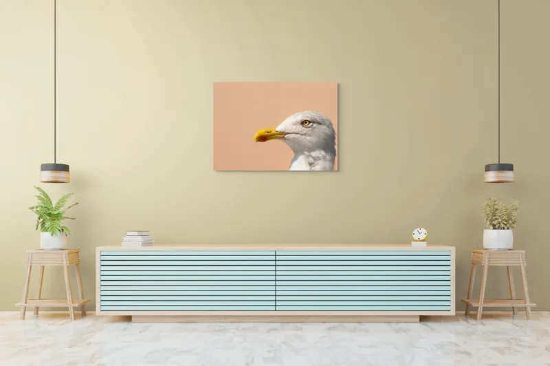 Tablou Canvas, "Pescărușul și privirea sa liniștită", Pescăruș, Cioc, Penaj, Ochi, Fundal, Cer, Liniște, Observație, 100 x 70 cm – poza 4