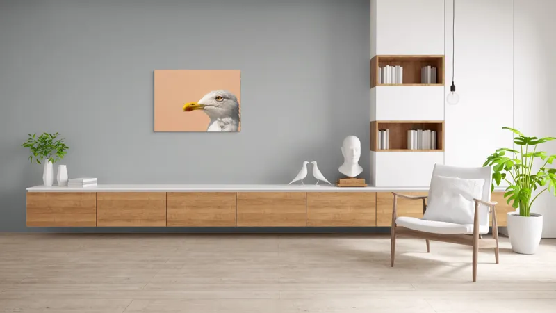 Tablou Canvas, "Pescărușul și privirea sa liniștită", Pescăruș, Cioc, Penaj, Ochi, Fundal, Cer, Liniște, Observație, 100 x 70 cm – poza 6