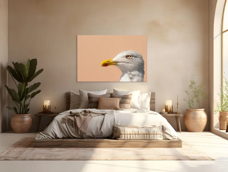 Tablou Canvas, "Pescărușul și privirea sa liniștită", Pescăruș, Cioc, Penaj, Ochi, Fundal, Cer, Liniște, Observație, 150 x 100 cm – poza 4