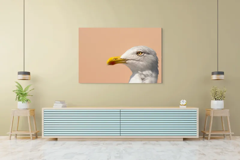 Tablou Canvas, "Pescărușul și privirea sa liniștită", Pescăruș, Cioc, Penaj, Ochi, Fundal, Cer, Liniște, Observație, 150 x 100 cm – poza 6