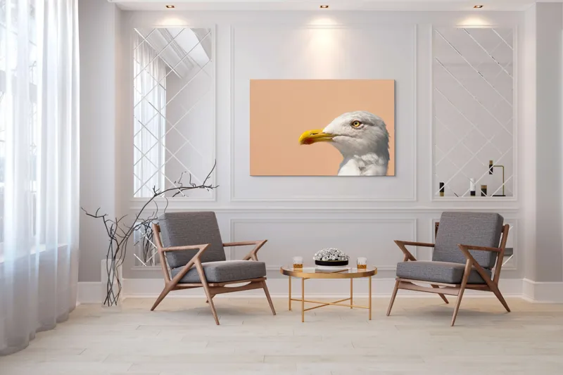 Tablou Canvas, "Pescărușul și privirea sa liniștită", Pescăruș, Cioc, Penaj, Ochi, Fundal, Cer, Liniște, Observație, 150 x 100 cm – poza 7